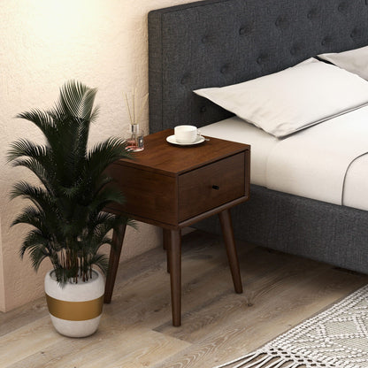 Modern Design Night Stand by HouseOfZazla in dark brown solid wood with 2 drawers beside a bed on Tampa Home & Garden Store