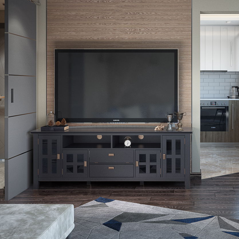 Artisan Solid Wood TV Stand with flip drawer and glass-front cabinets by HouseOfZazla on Tampa Home & Garden Store