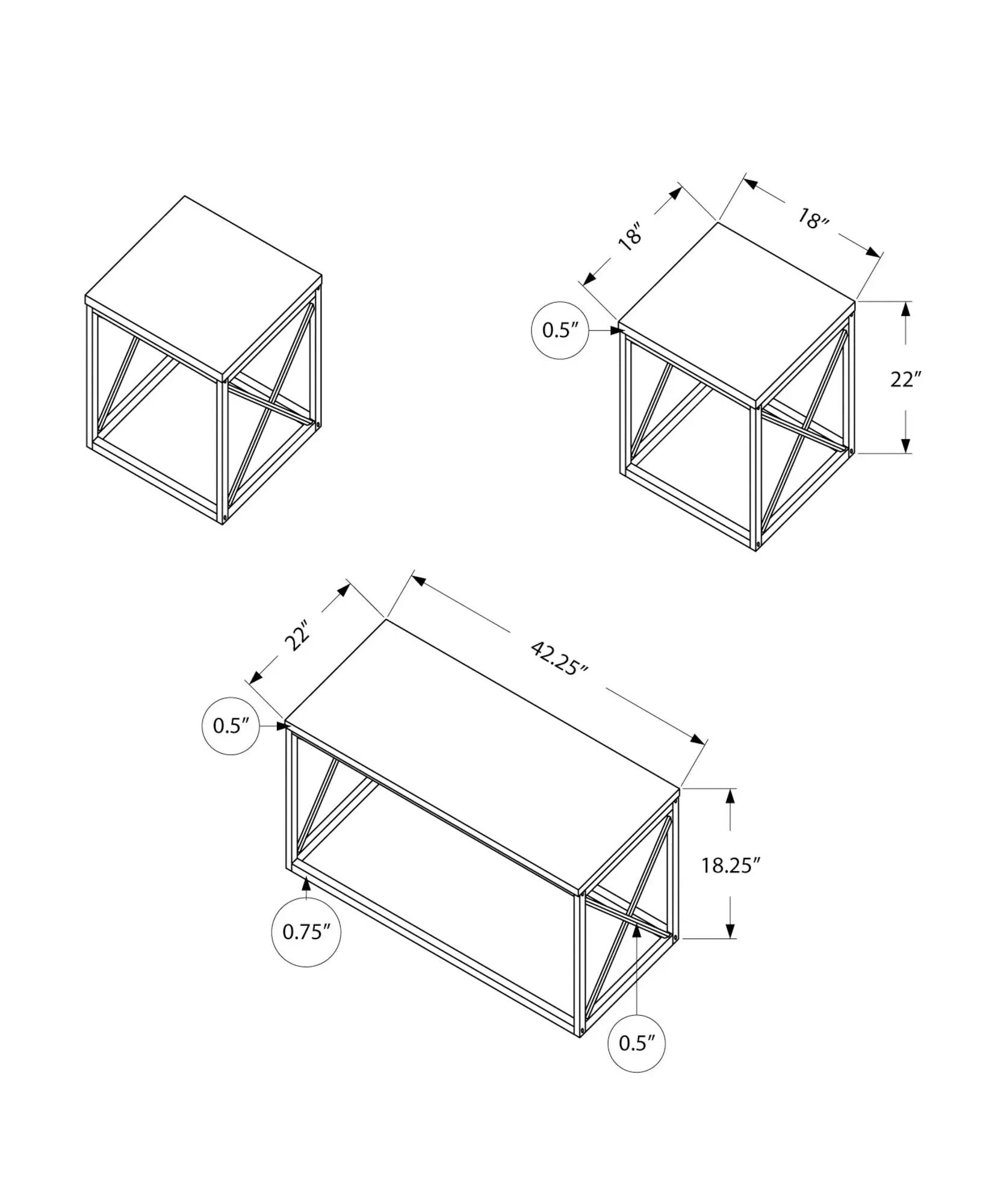 Table set of 3 white tables with metal crisscross X-frame base for contemporary living room on Tampa Home & Garden Store