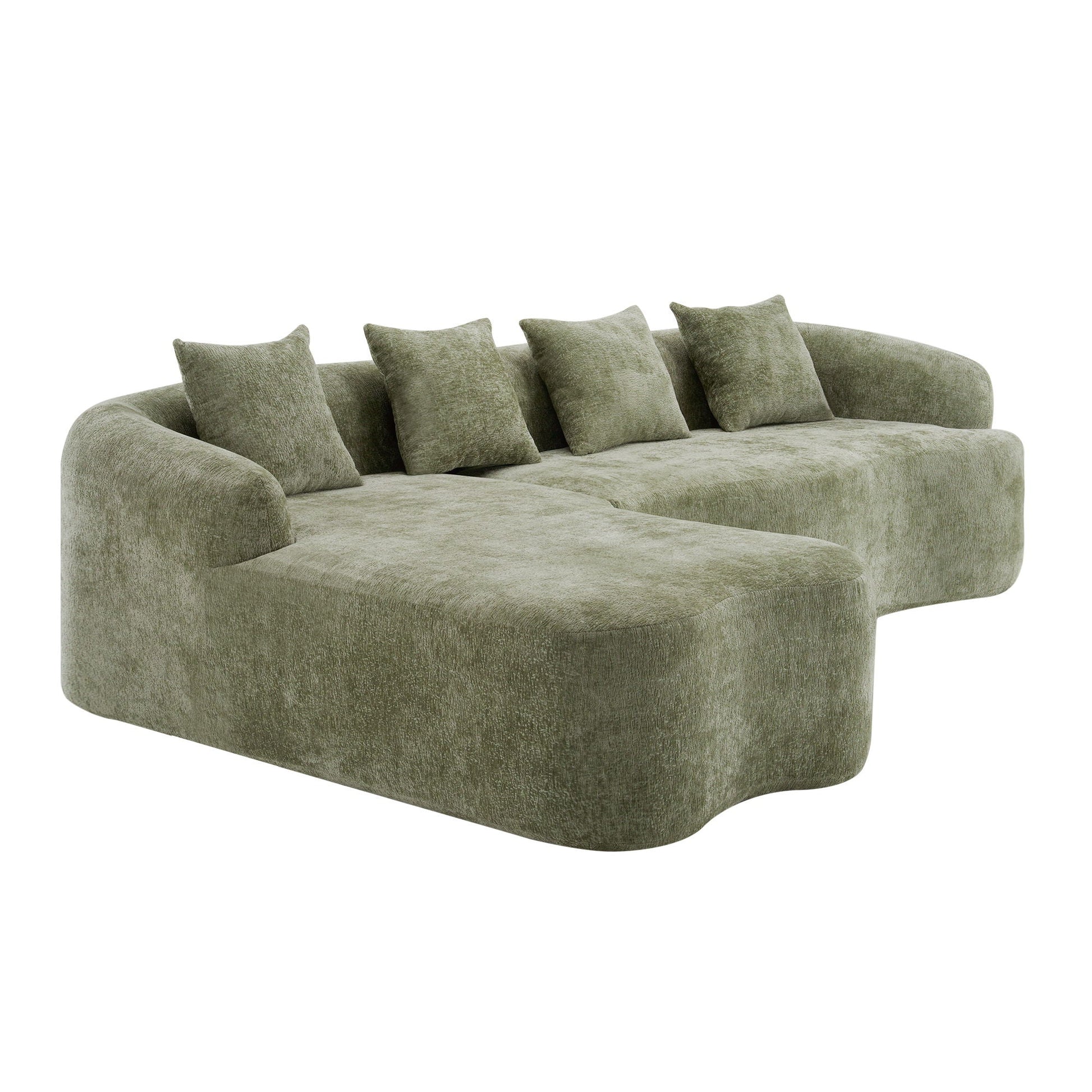 Modular L-shape sectional sofa in olive green boucle with curved chaise and cushions on Tampa Home & Garden Store