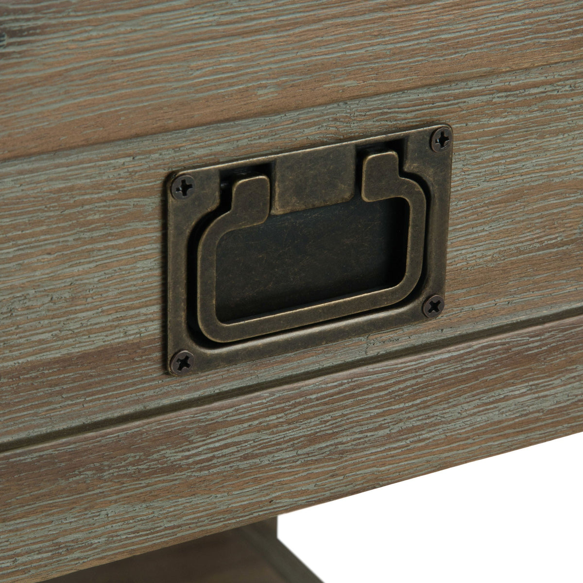 Monroe solid acacia side table close-up shows weathered wood grain and bronze hardware on Tampa Home & Garden Store