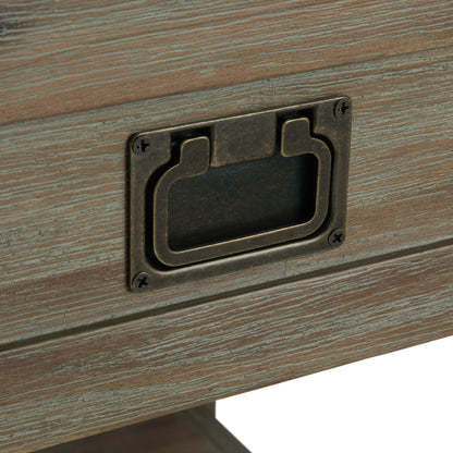 Monroe solid acacia side table close-up shows weathered wood grain and bronze hardware on Tampa Home & Garden Store