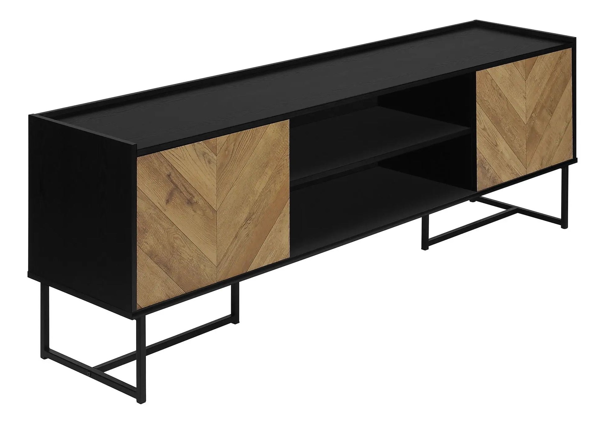 TV stand console, black with natural wood chevron doors and open shelf, Unique Piece Furniture on Tampa Home & Garden Store