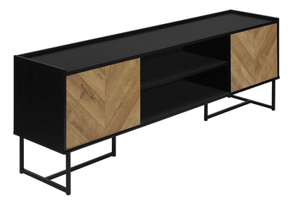 TV stand with black frame, chevron wood doors, open center shelf, metal base on Tampa Home & Garden Store