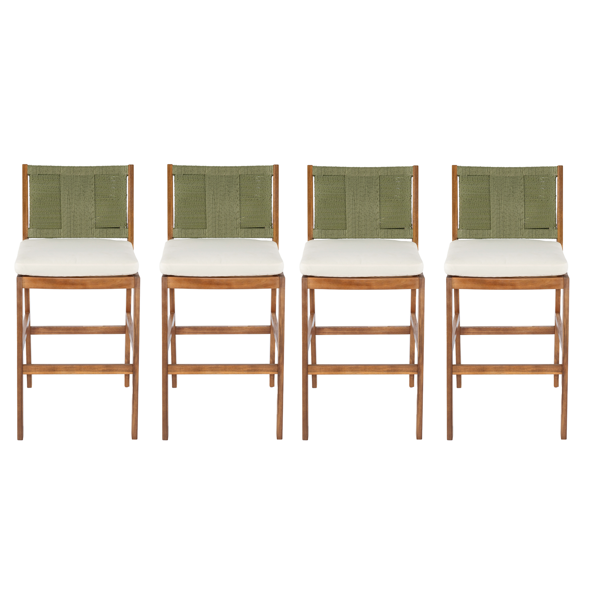 4-piece Arly Green Outdoor Bar Stool Set by HouseOfZazla, green woven backs with white cushions, wooden frames on Tampa Home & Garden Store