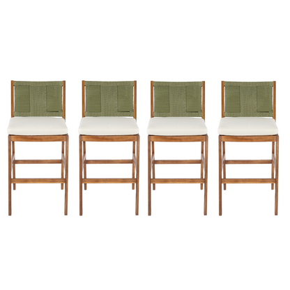 4-piece Arly Green Outdoor Bar Stool Set by HouseOfZazla, green woven backs with white cushions, wooden frames on Tampa Home & Garden Store