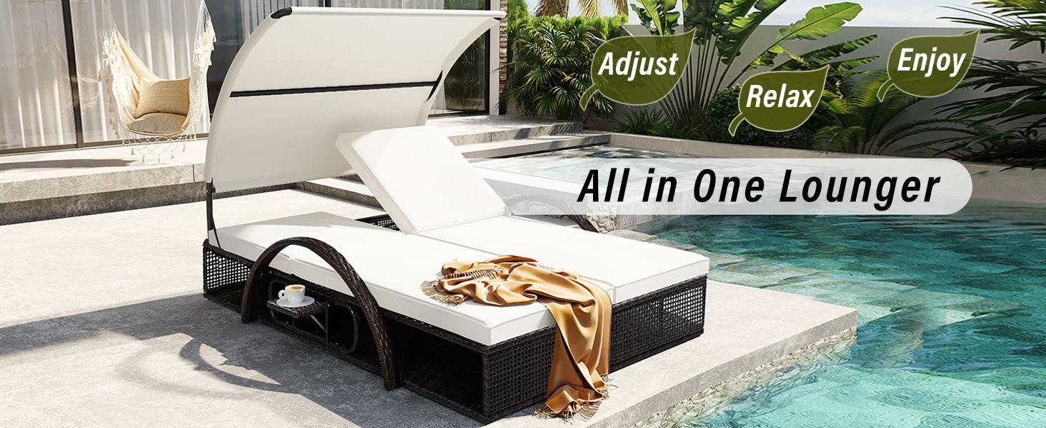U_STYLE outdoor sun lounger with steel frame and white cushion, adjustable backrest by pool on Tampa Home & Garden Store
