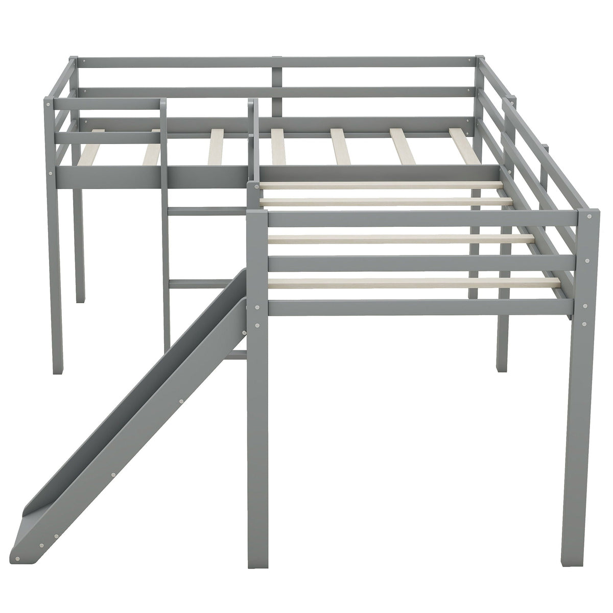 L-shaped loft bed by HouseOfZazla with ladder and slide, gray metal frame and wood slats on Tampa Home & Garden Store