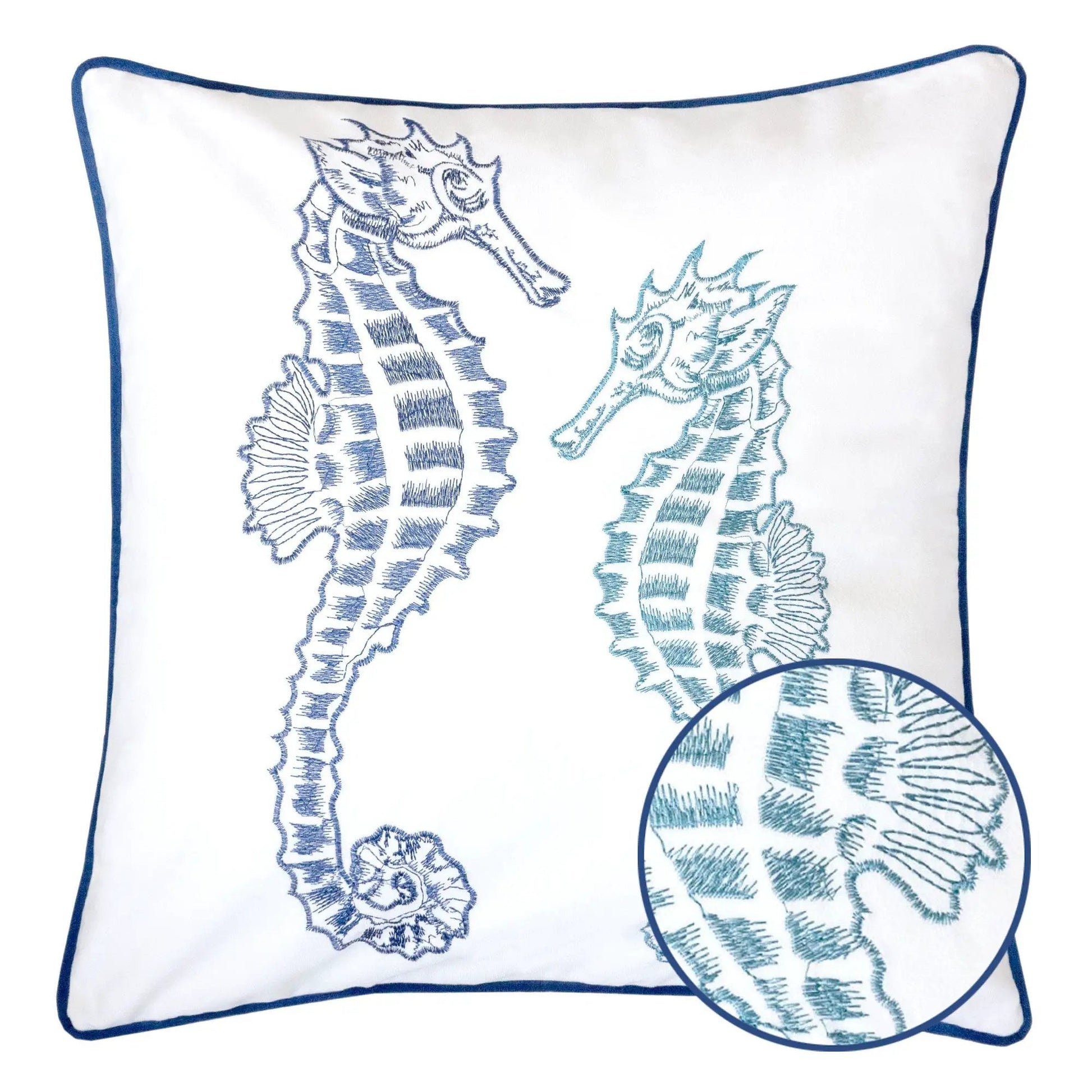 Seahorses Pillow Cover with Matching Back white fabric features two blue teal seahorses and blue piping on Tampa Home & Garden Store