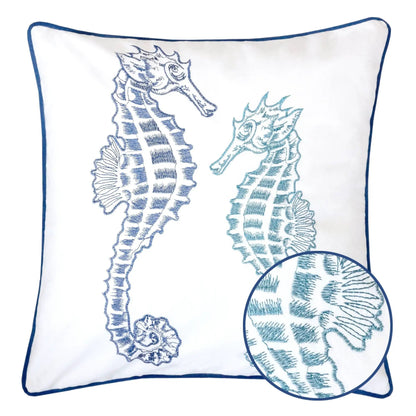 Seahorses Pillow Cover with Matching Back white fabric features two blue teal seahorses and blue piping on Tampa Home & Garden Store