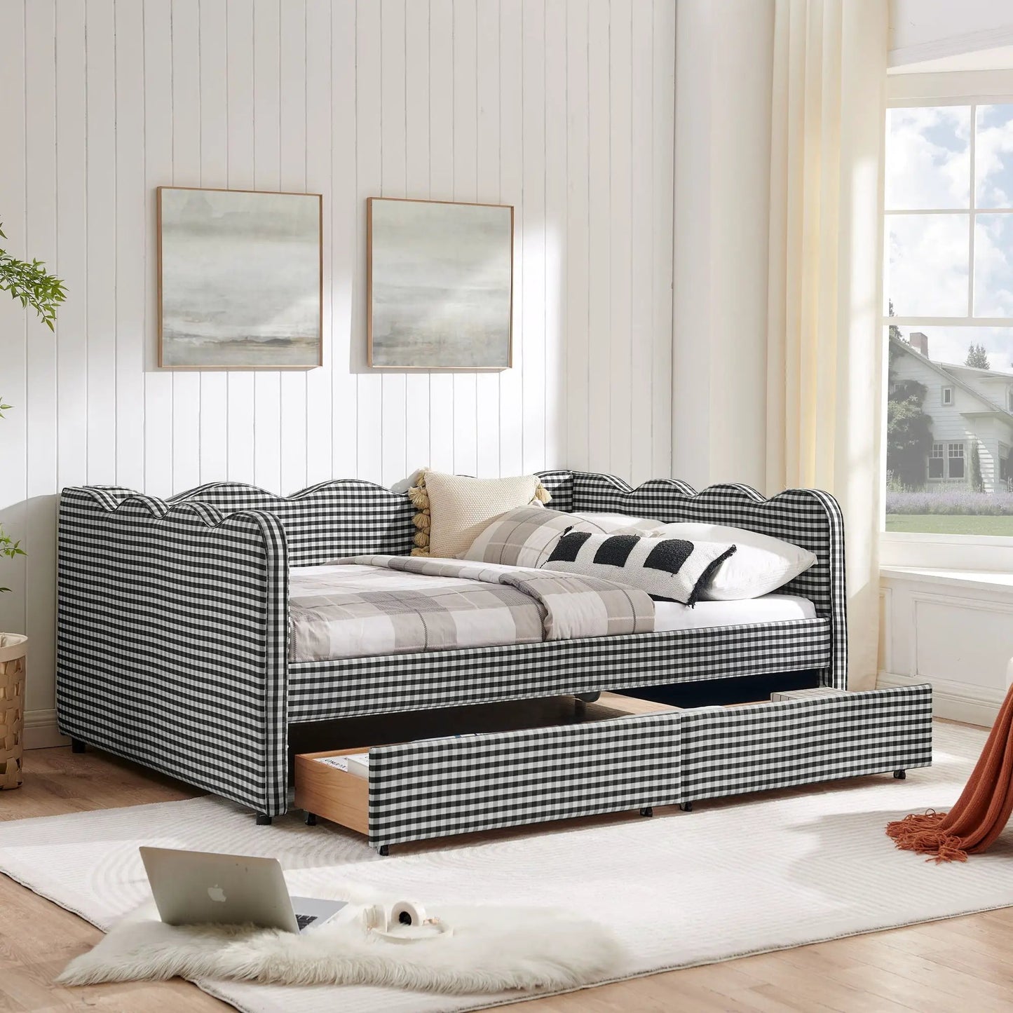Gingham Daybed With USB Port and Wave Design