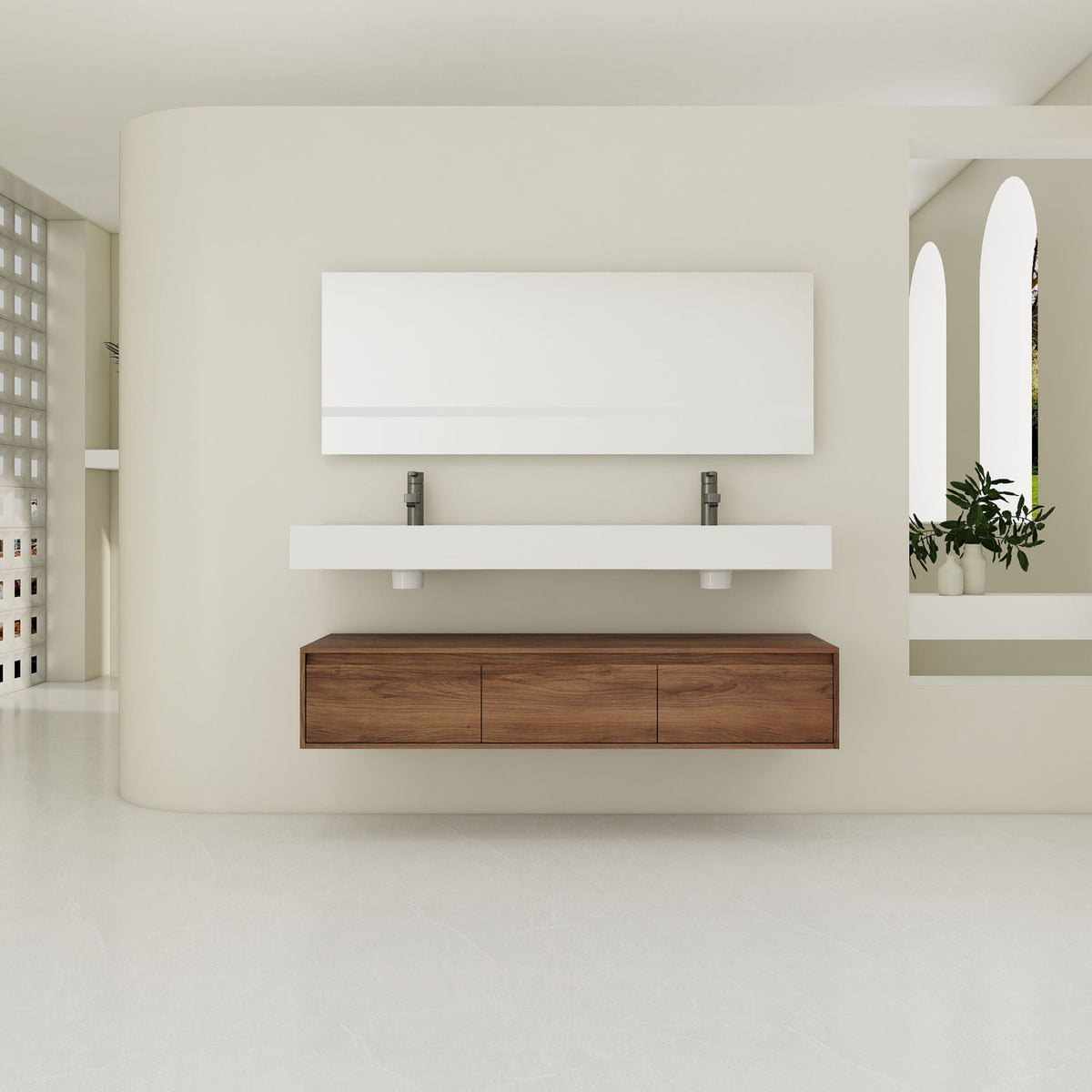 White contemporary wall-mounted bathroom vanity with dual resin sinks and soft-close drawer on Tampa Home & Garden Store