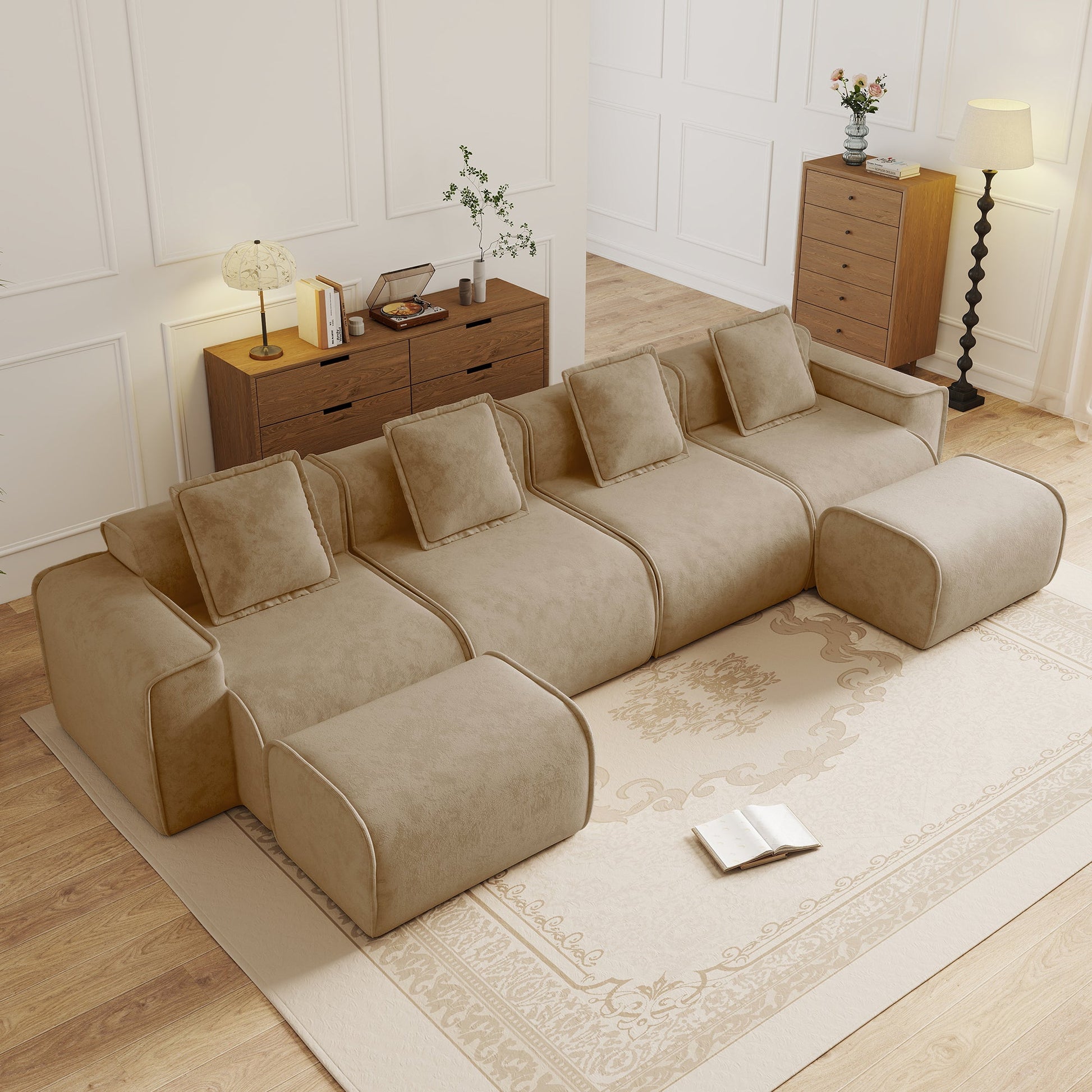 Streamlined Modular 4 Seat U Shape Sectional Sofa in beige fabric HouseOfZazla on Tampa Home & Garden Store