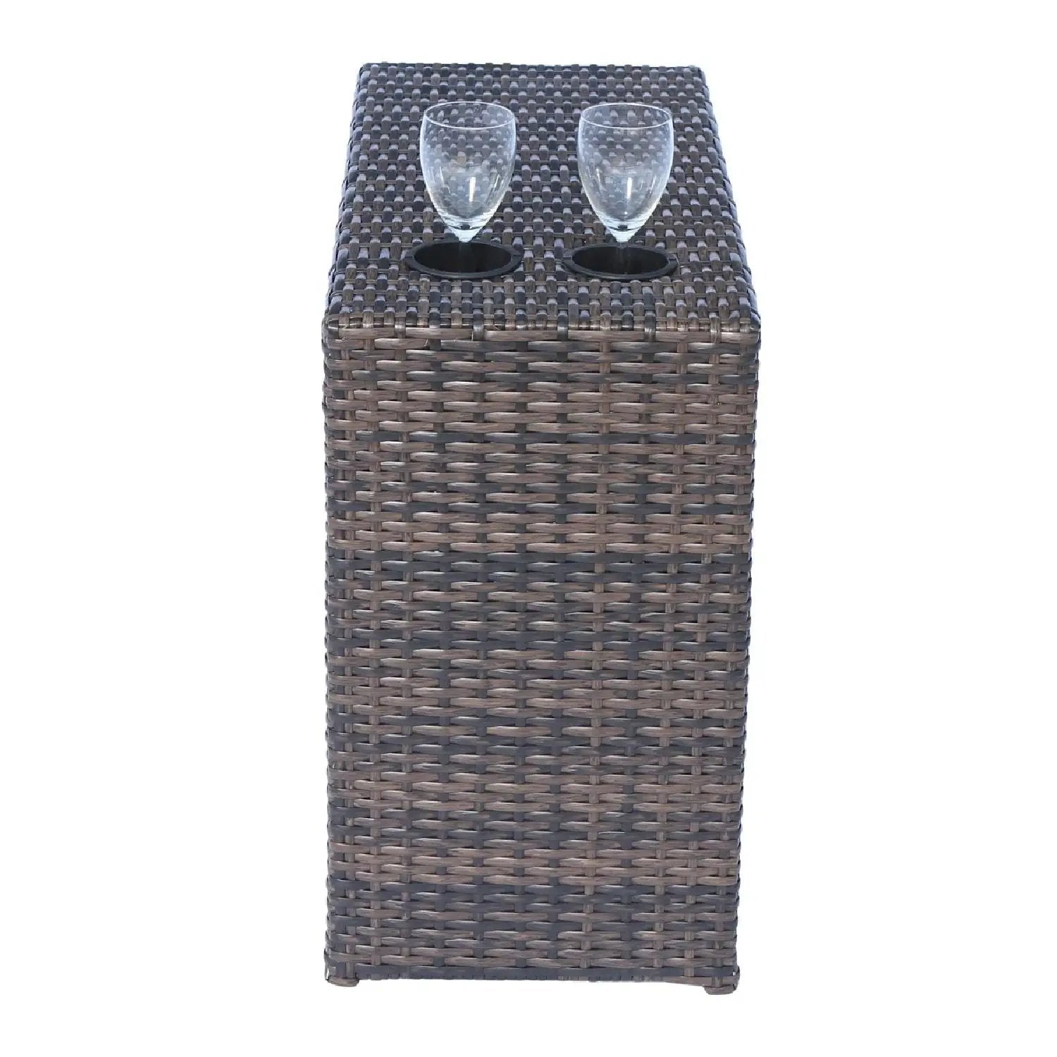 Brown woven rattan outdoor end table with two cup holders and wine glasses on Tampa Home & Garden Store