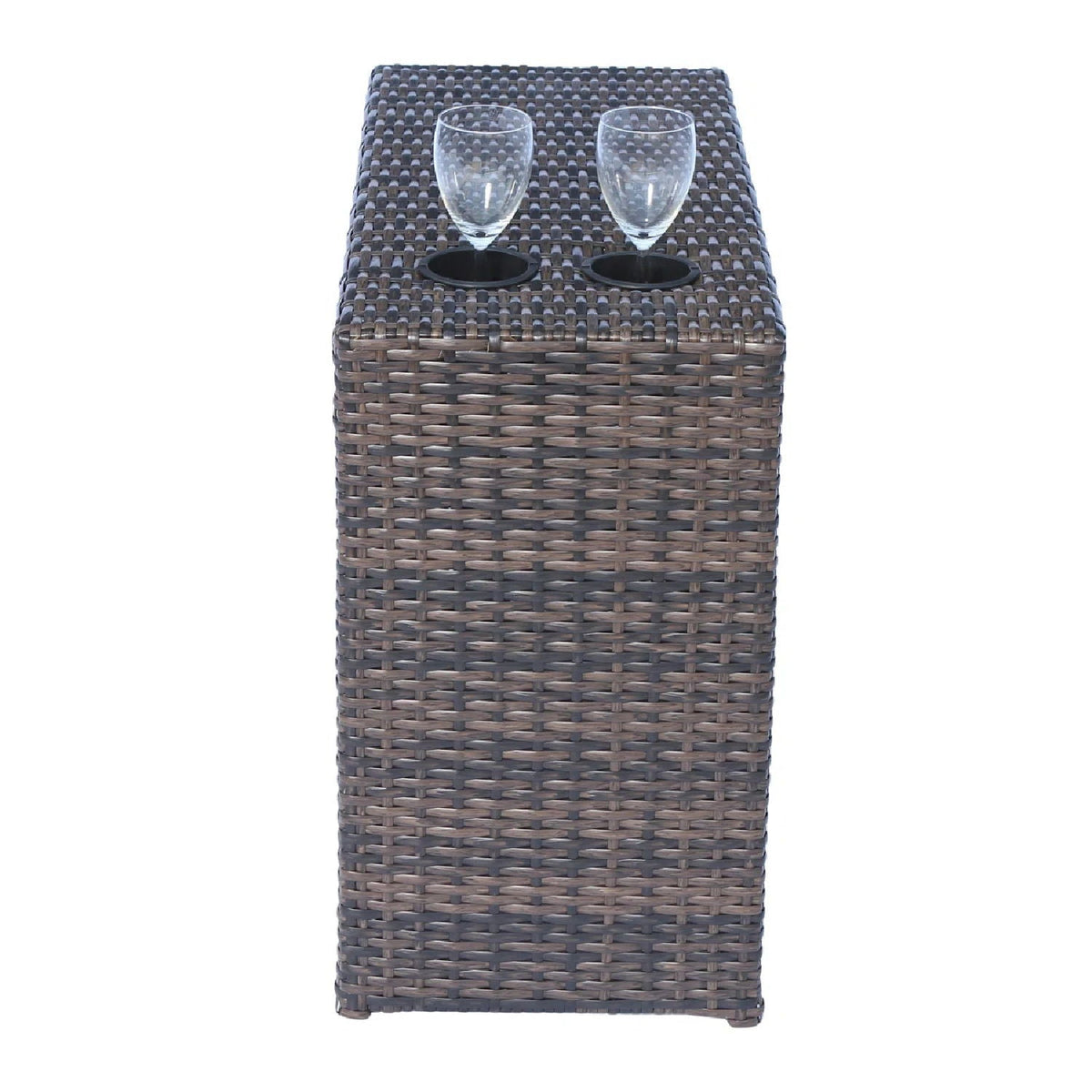 Rattan outdoor end table in dark brown with two cup holders and two wine glasses on Tampa Home & Garden Store