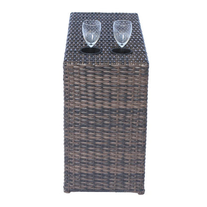 Rattan outdoor end table in dark brown with two cup holders and two wine glasses on Tampa Home & Garden Store