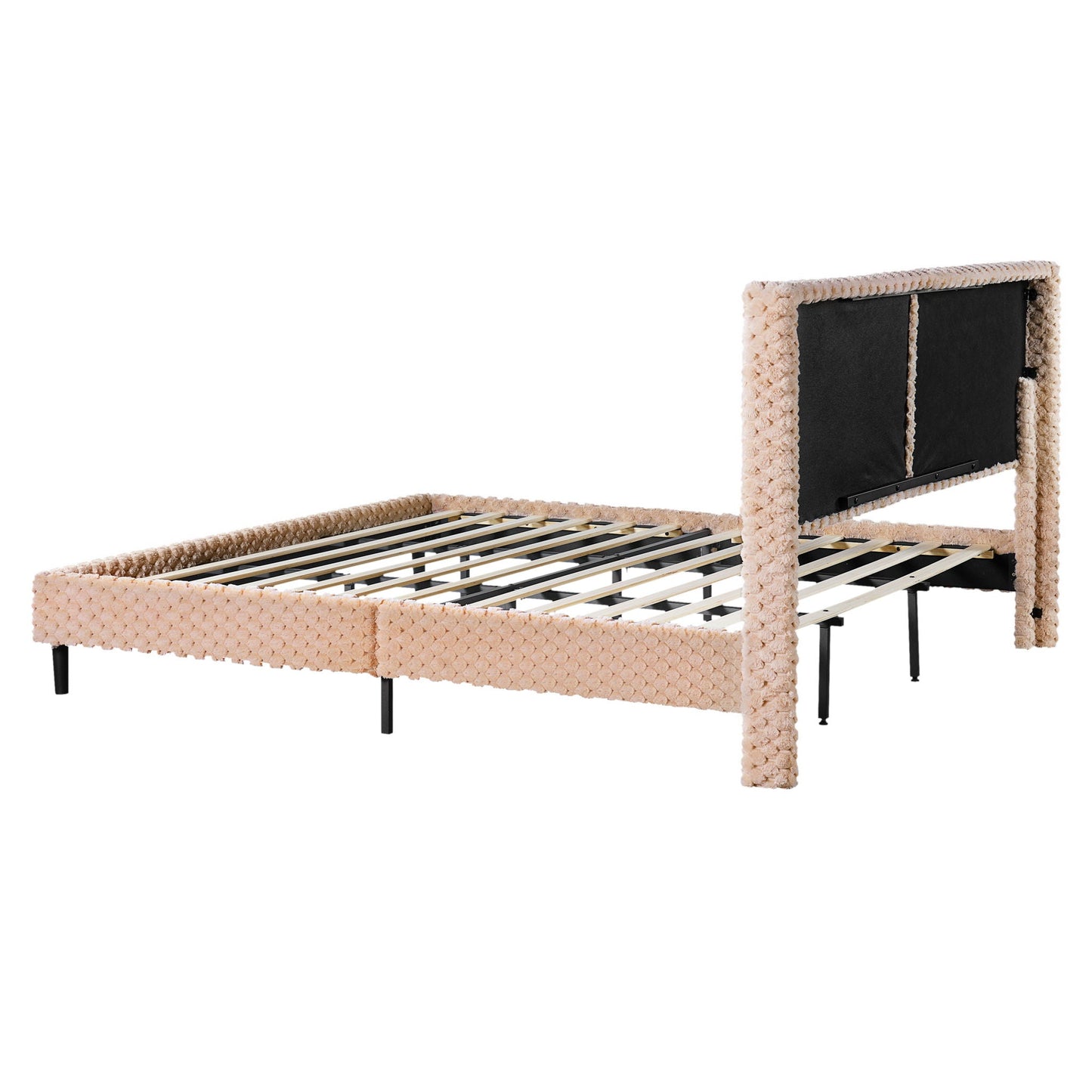 Soft bed backrest by HouseOfZazla with beige faux shearling trim and black panels on frame on Tampa Home & Garden Store