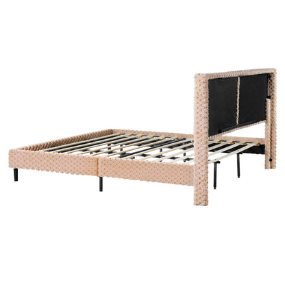 Soft bed backrest by HouseOfZazla with beige faux shearling trim and black panels on frame on Tampa Home & Garden Store