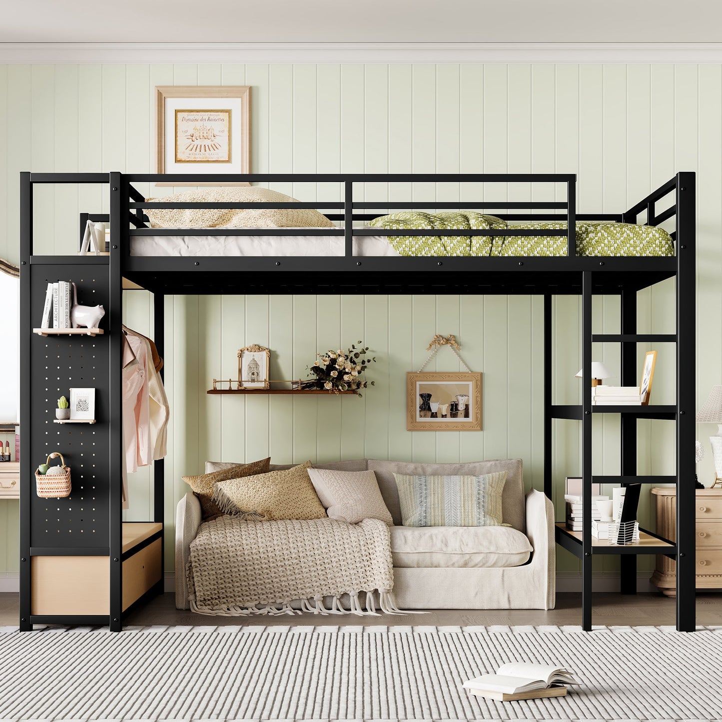 Queen Size Metal Loft Bed Frame and Wardrobe