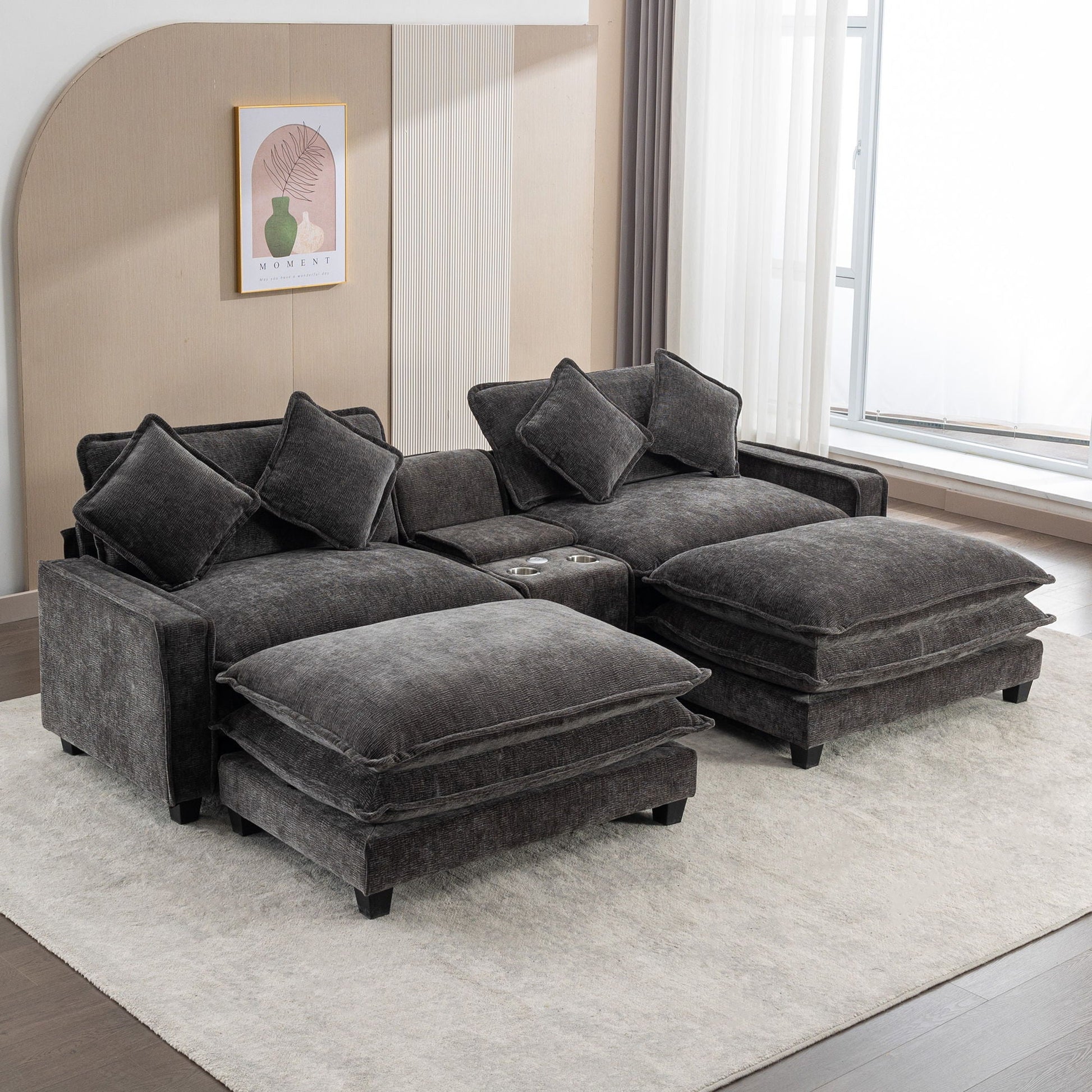 3-piece modern sectional sofa with removable ottomans in dark gray fabric and cupholders on Tampa Home & Garden Store