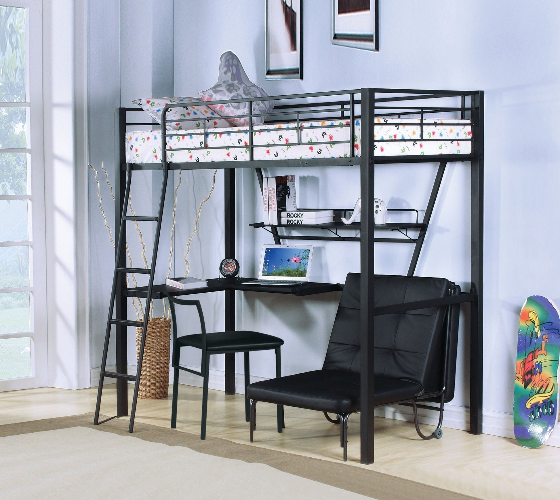 Senon Twin Loft Bed With Desk in black/silver metal frame by HouseOfZazla on Tampa Home & Garden Store