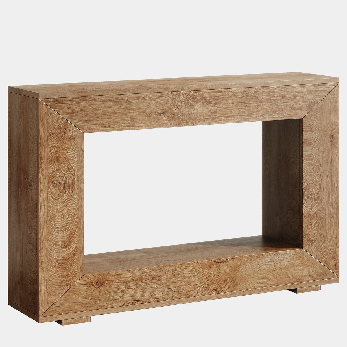 Narrow entryway storage console table with open shelf in light brown wood finish thick-frame design on Tampa Home & Garden Store