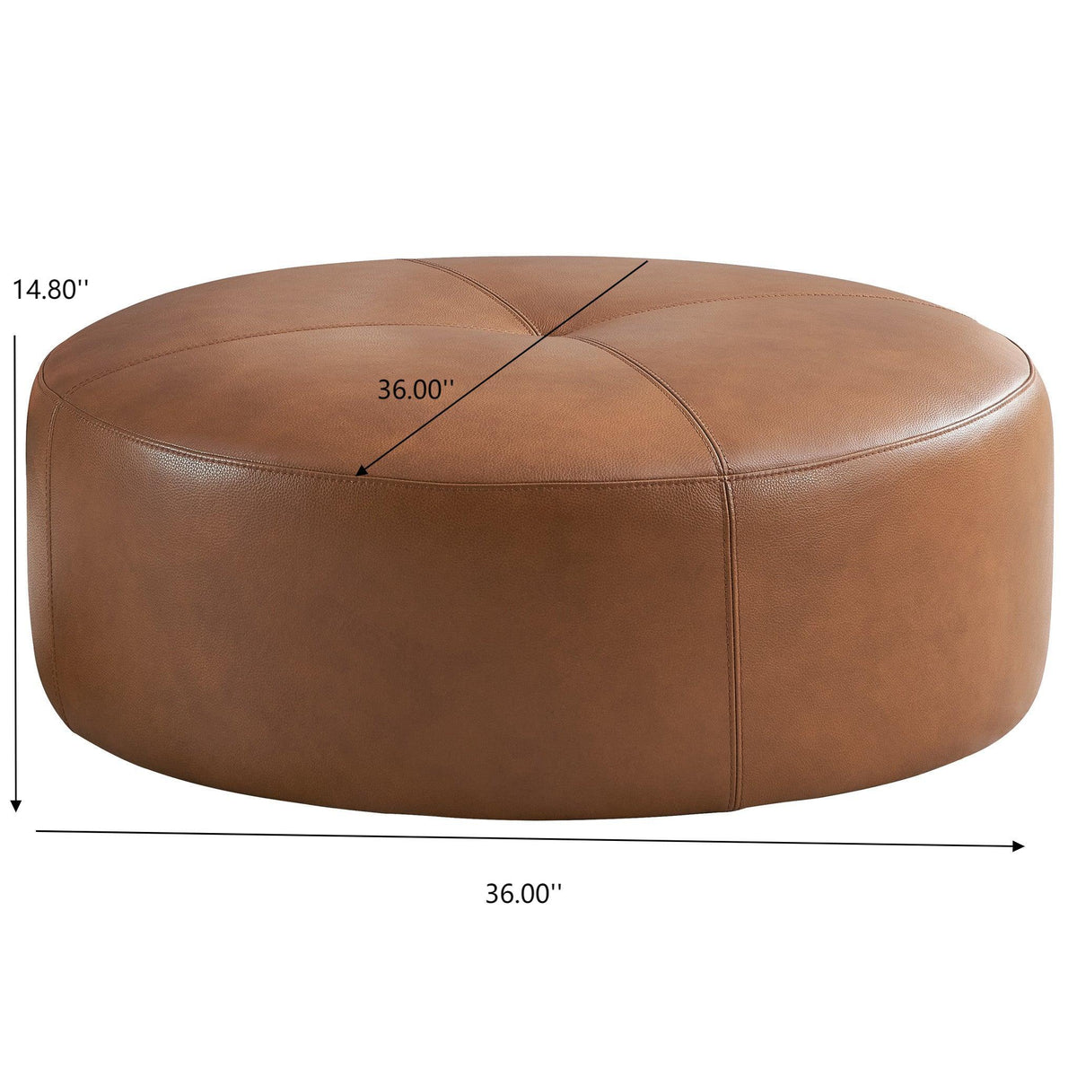 Tan leather mid-century modern upholstered ottoman, 36in diameter, HouseOfZazla on Tampa Home & Garden Store