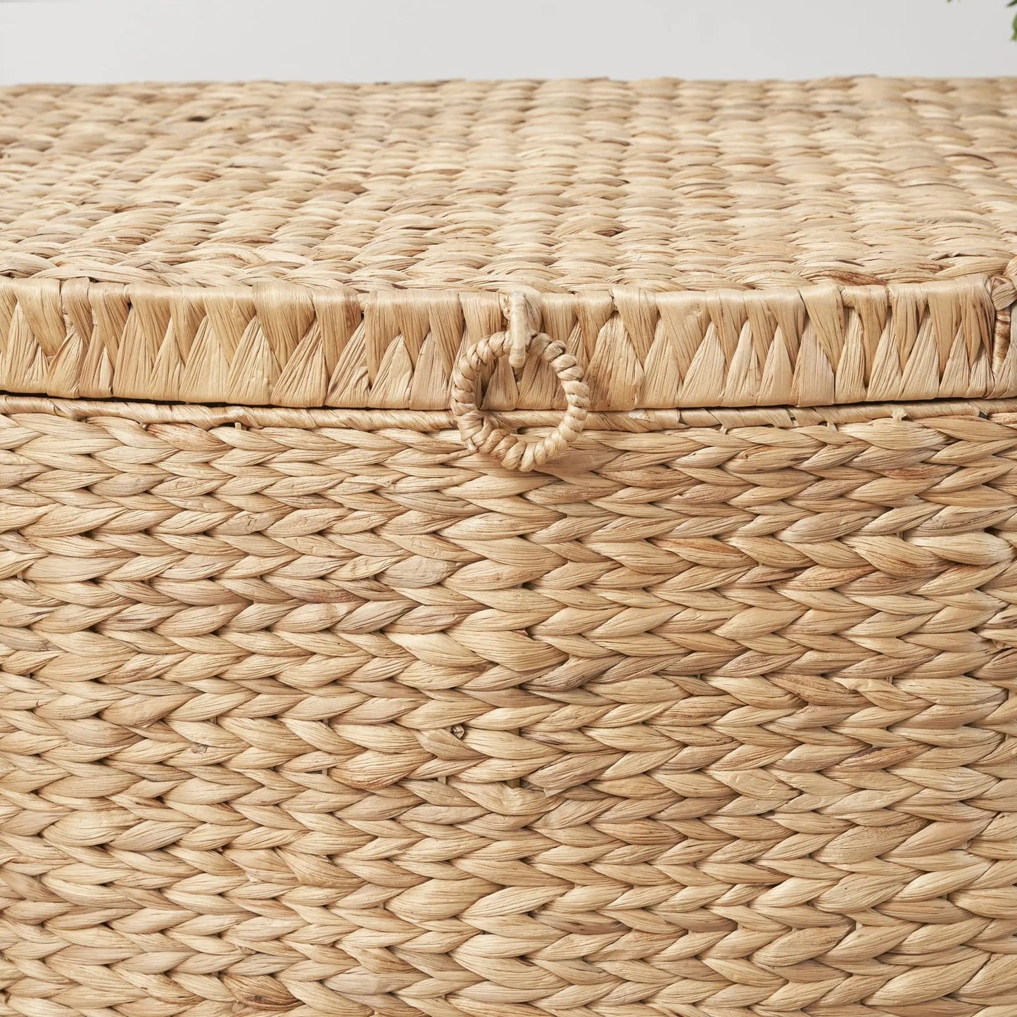 Rectangular water hyacinth woven wicker storage trunk with handles, natural light brown on Tampa Home & Garden Store