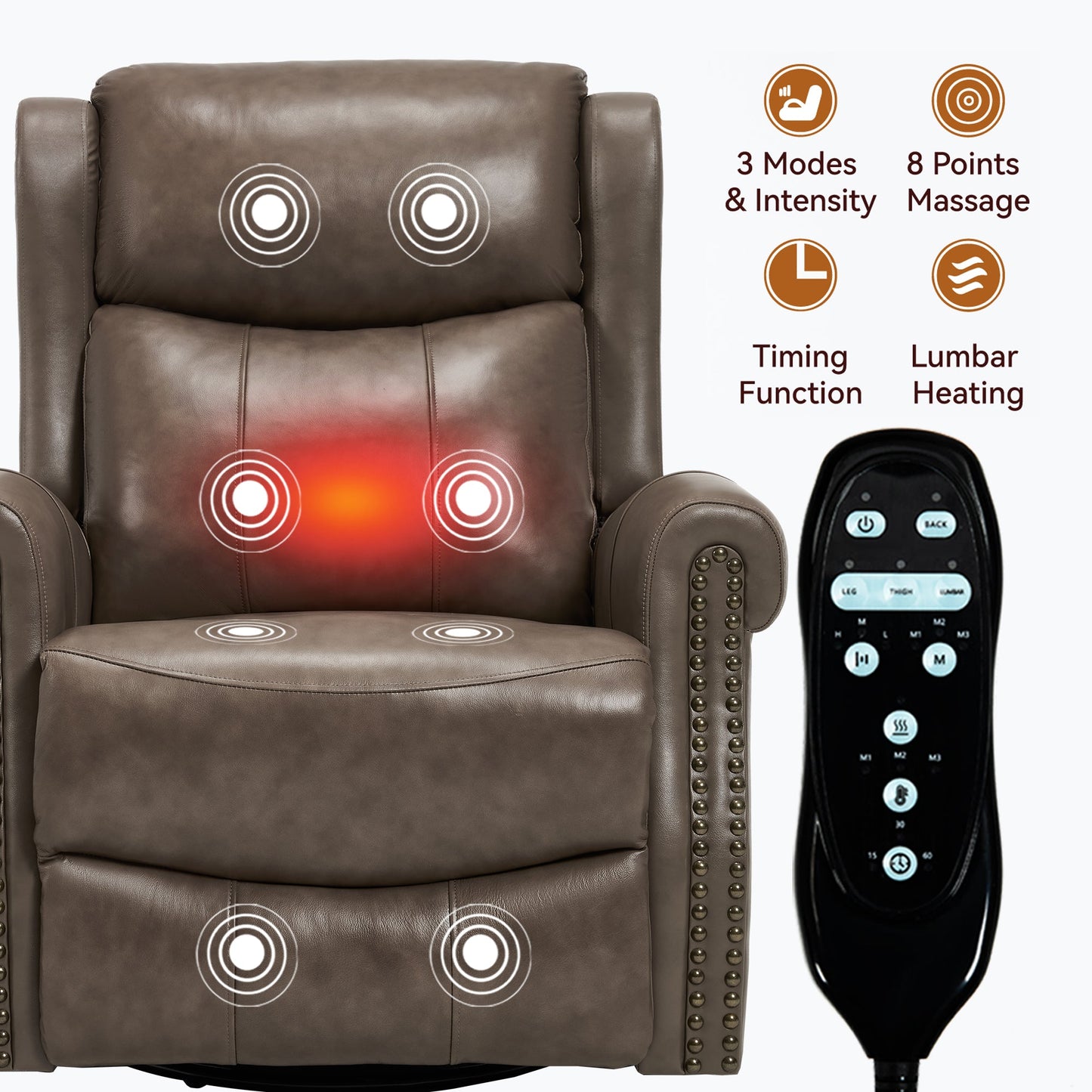 Heat Massage Manual Recliner Chair by HouseOfZazla brown leather recliner with massage nodes remote on Tampa Home & Garden Store