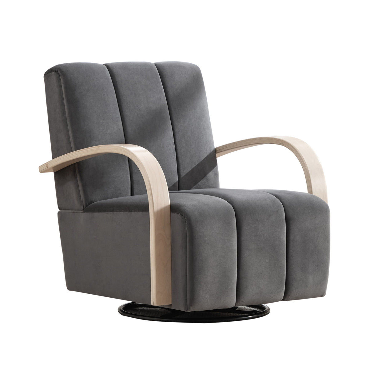 360° swivel accent chair in dark gray with armrests and light wood curved arms on a base on Tampa Home & Garden Store