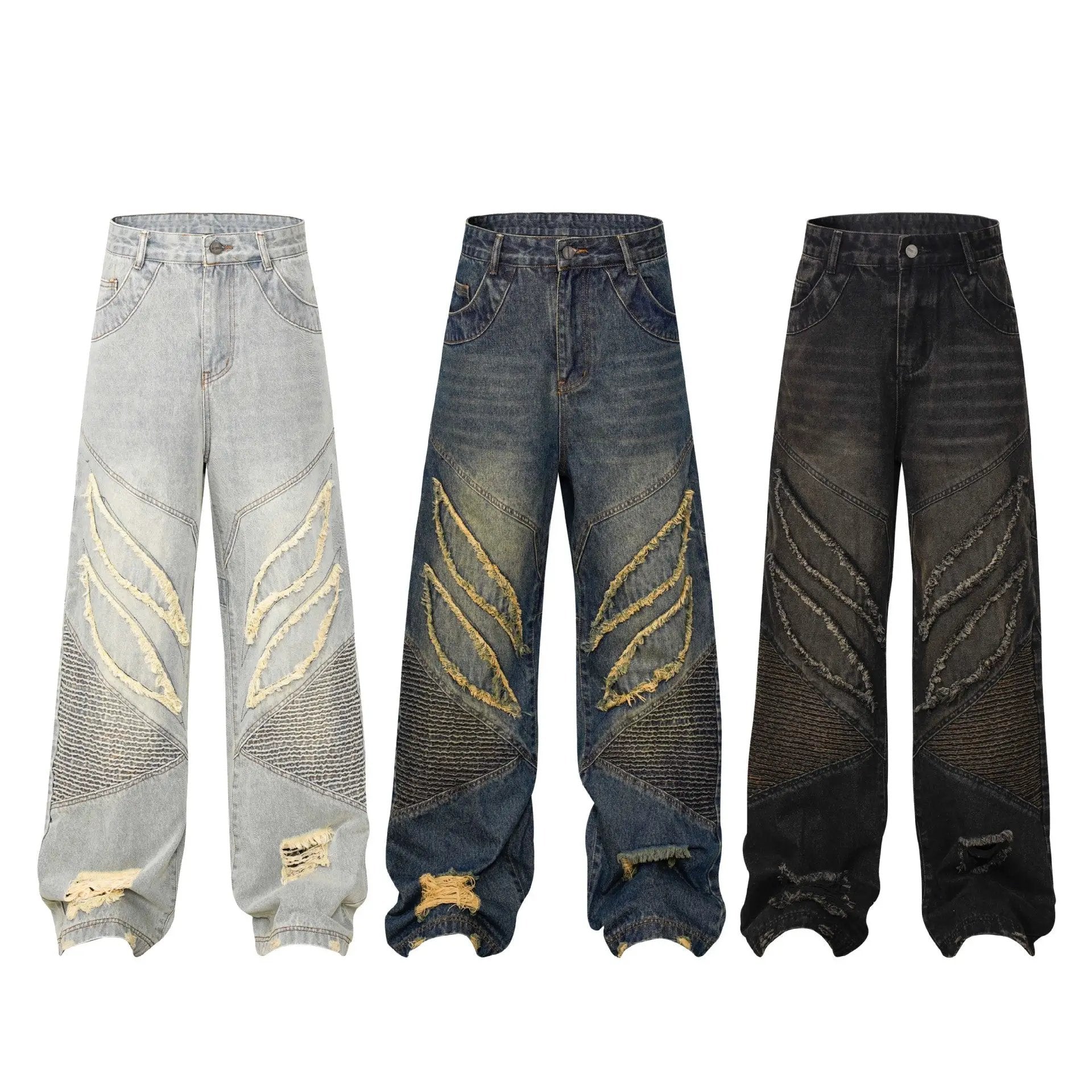 High Street American Stitching Patchwork Cat Beard Worn Jeans trio in light, medium, and dark washes by FLIPSTYLEZLLC on Tampa Home & Garden Store
