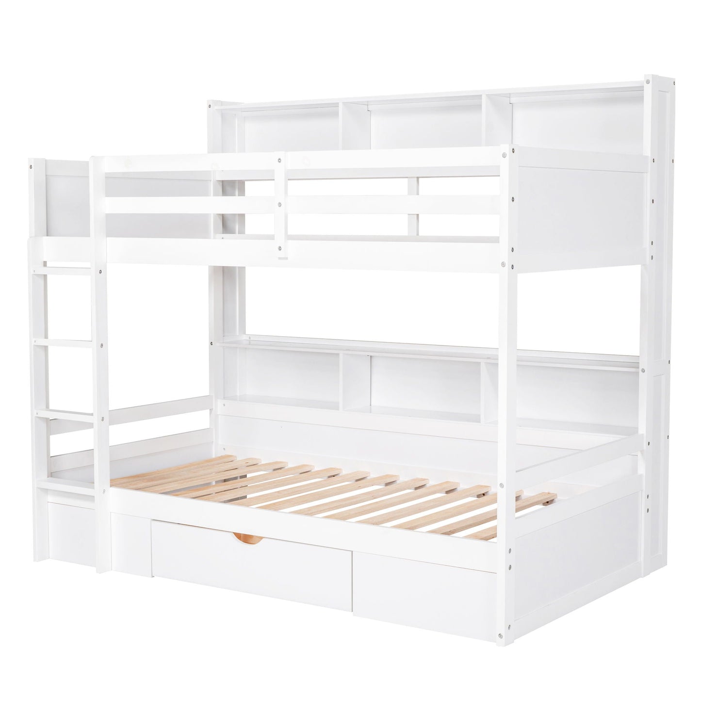 Twin size bunk bed by HouseOfZazla with built-in shelves beside each bed and a storage drawer on Tampa Home & Garden Store
