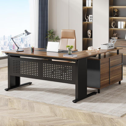 L-Shaped Executive Desk with File Cabinet, walnut top, black metal frame HouseOfZazla on Tampa Home & Garden Store