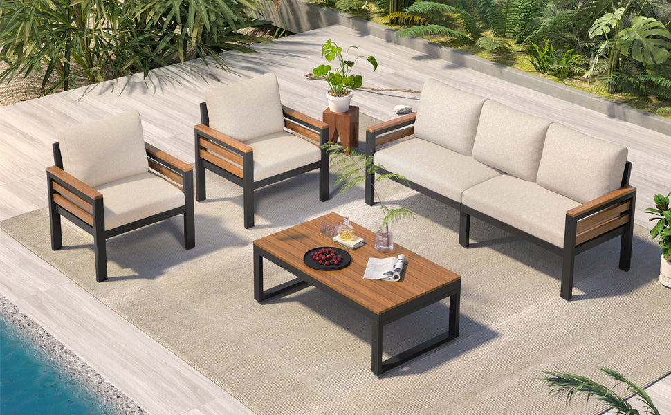 Go 4-Piece Outdoor Furniture Sofa Set HouseOfZazla cushions wood top sofa + 2 chairs + table on Tampa Home & Garden Store