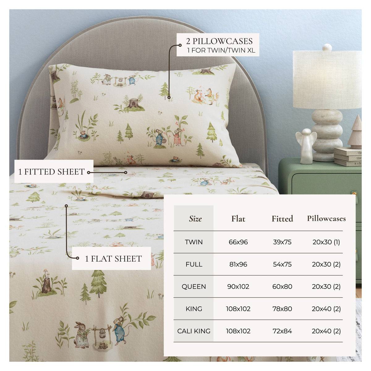 Bed sheets set Great Bay Home Turkish Cotton Flannel Kids' Christmas woodland print 2 pillowcases on Tampa Home & Garden Store