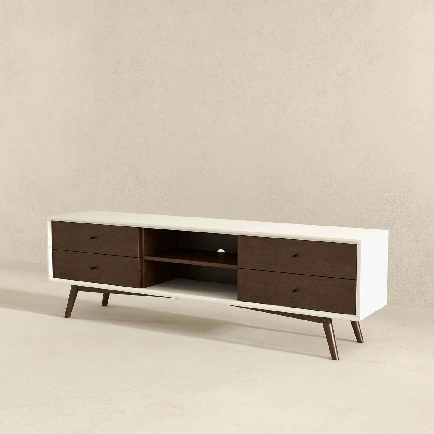 Caroline modern TV stand white frame with dark wood drawers and open center shelf on Tampa Home & Garden Store