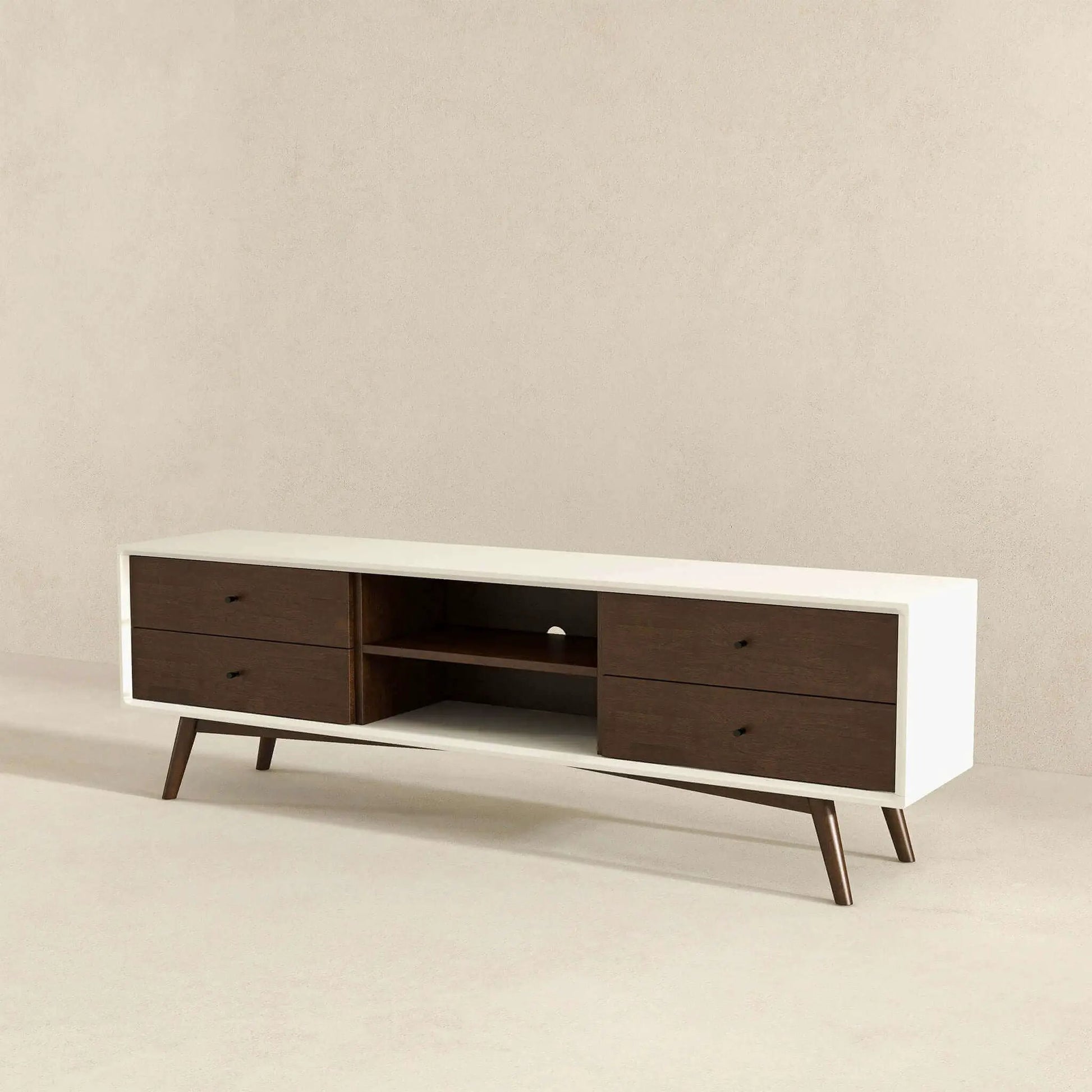 Caroline modern TV stand white frame with dark wood drawers and open center shelf on Tampa Home & Garden Store