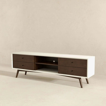 Caroline modern TV stand white frame with dark wood drawers and open center shelf on Tampa Home & Garden Store