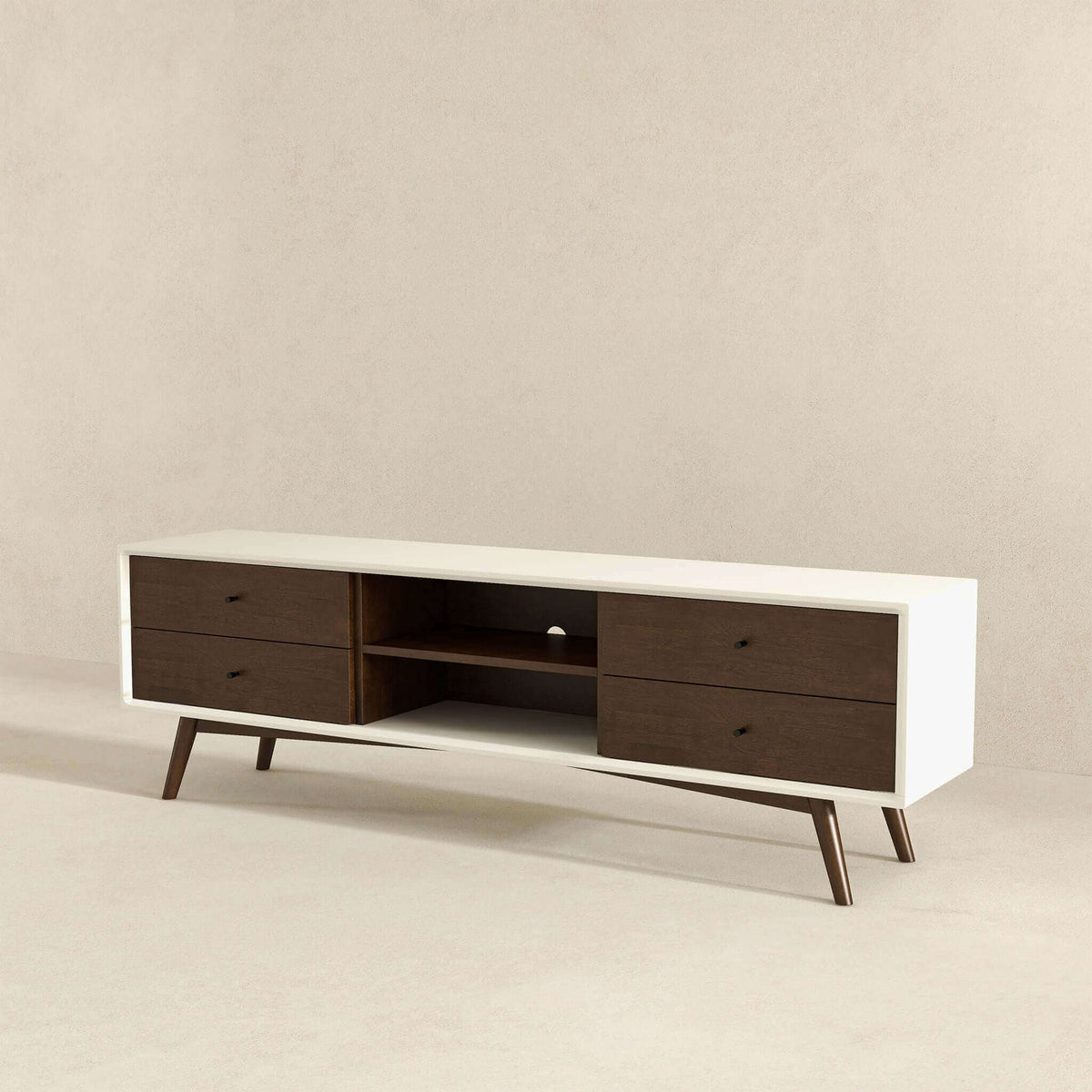 Modern TV Stand HouseOfZazla white frame dark brown solid wood drawers for up to 72in TV on Tampa Home & Garden Store