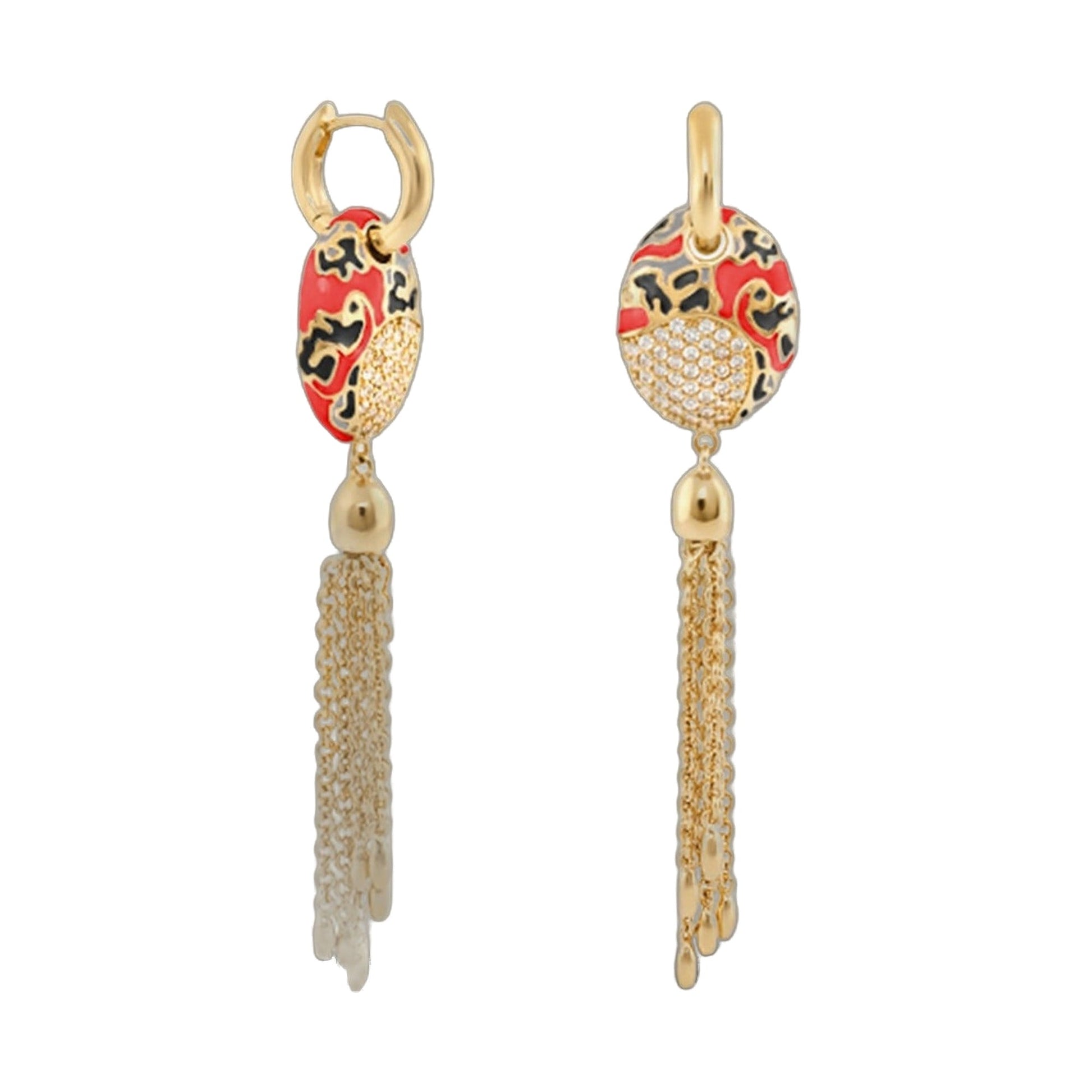 Fab Earrings by Lauren G Adams, gold-tone with redblack enamel and crystal accents, tassel chain on Tampa Home & Garden Store