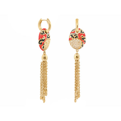 Chandelier earrings Lauren G Adams, red leopard enamel with crystal and gold tassel on Tampa Home & Garden Store