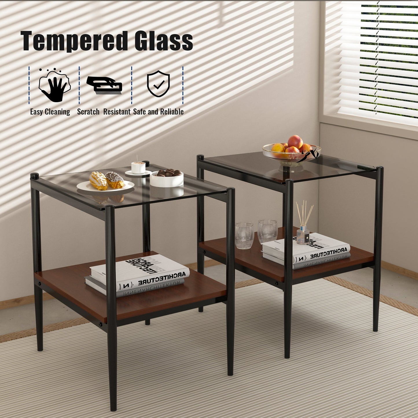 Set of 2 rectangle end tables with tempered gray glass and black metal frames HouseOfZazla on Tampa Home & Garden Store