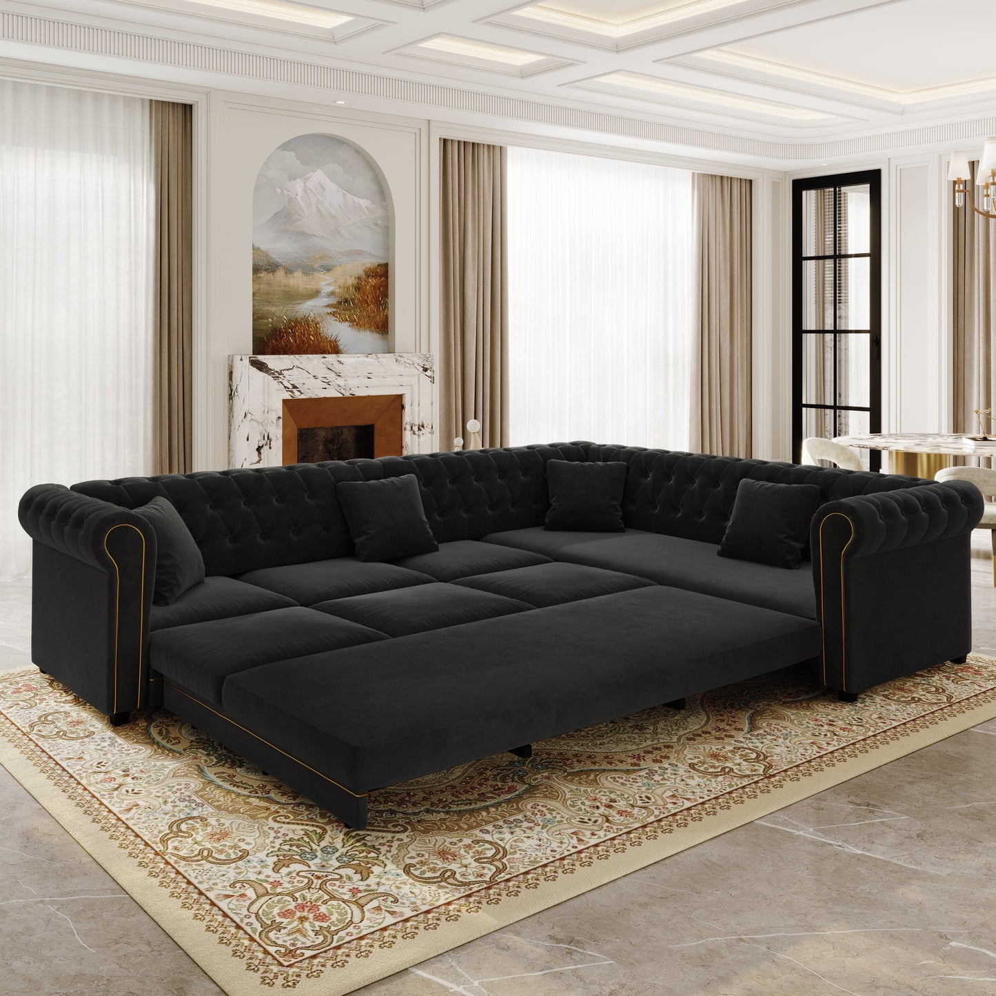 Chesterfield L Shaped Sofa and Black Velvet Bed