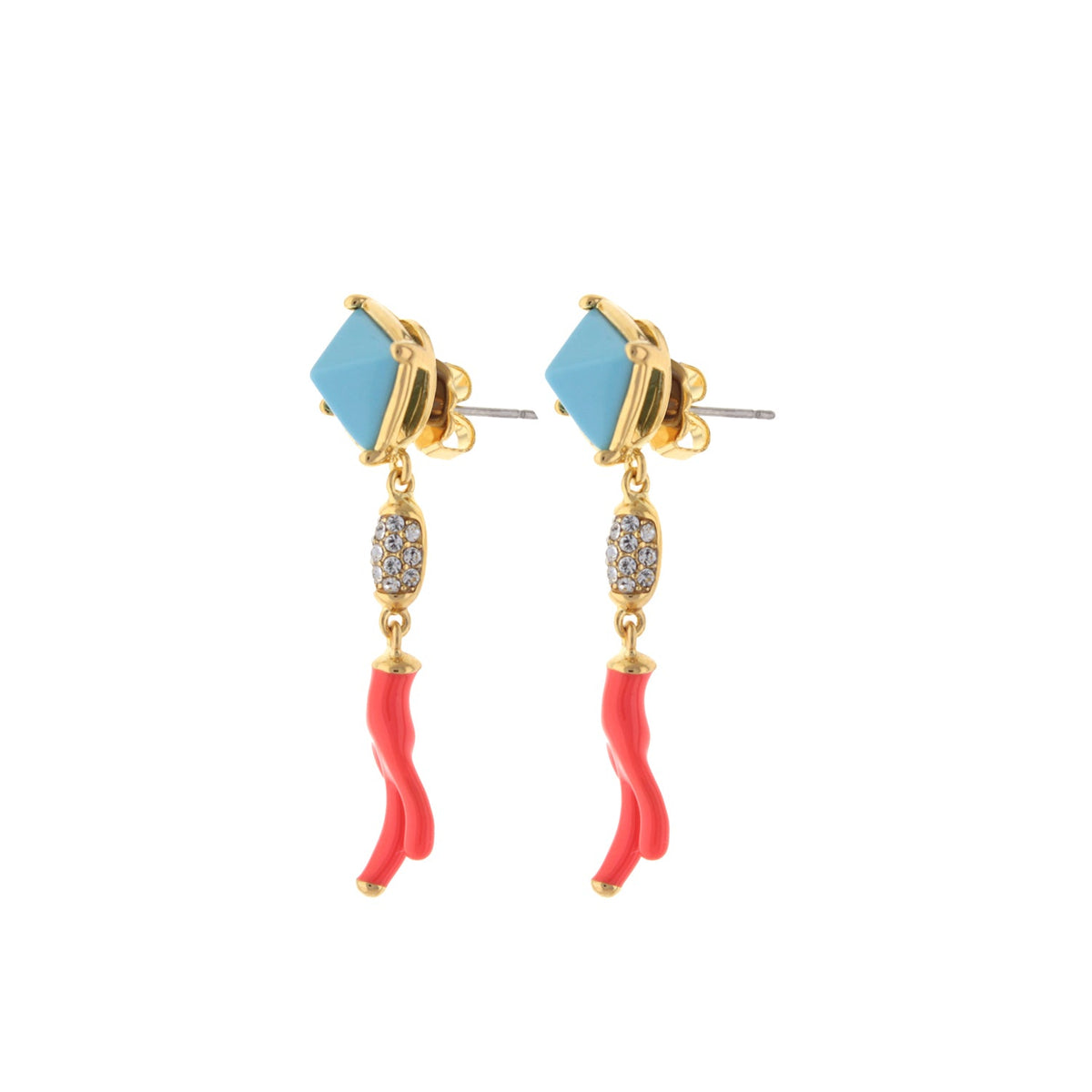 Pretty Little Things earrings by Lauren G Adams, turquoise square top with gold setting, crystal-studded mid-link, red curved dangles on Tampa Home & Garden Store