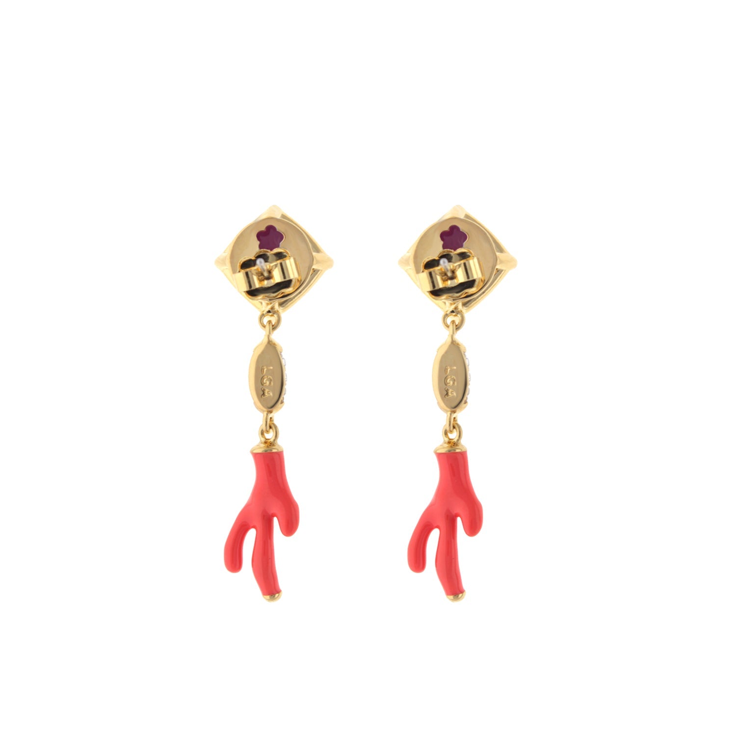 Pretty Little Things Earrings gold-tone square tops with purple detail and red hand charms on Tampa Home & Garden Store
