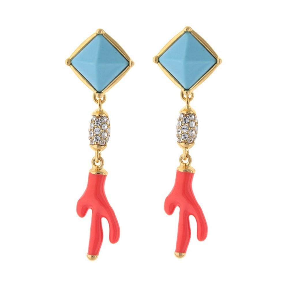 Pretty Little Things Earrings turquoise square stones in gold with coral branch charms pair on Tampa Home & Garden Store