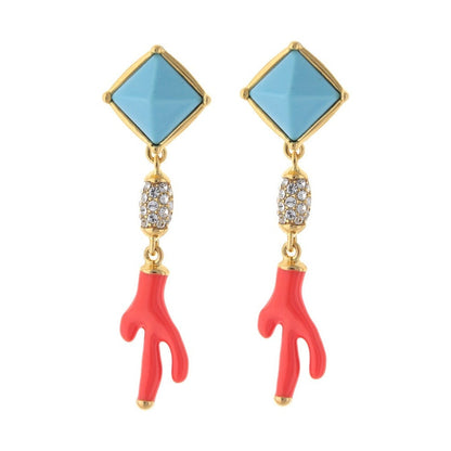 Pretty Little Things Earrings turquoise square stones in gold with coral branch charms pair on Tampa Home & Garden Store