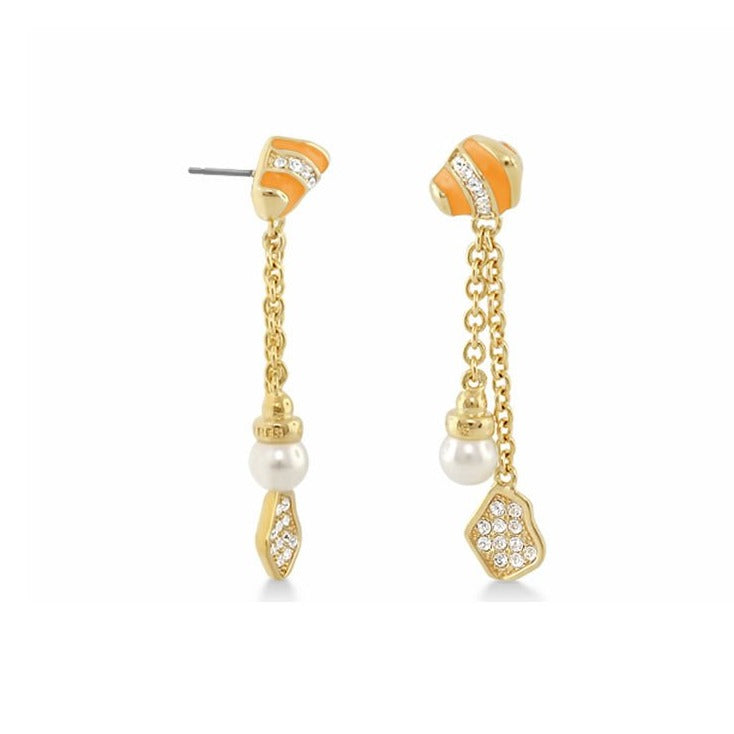 Moon Dust Earrings, Lauren G Adams, gold-tone orange enamel, pearl drop, crystal leaf, pair on Tampa Home & Garden Store