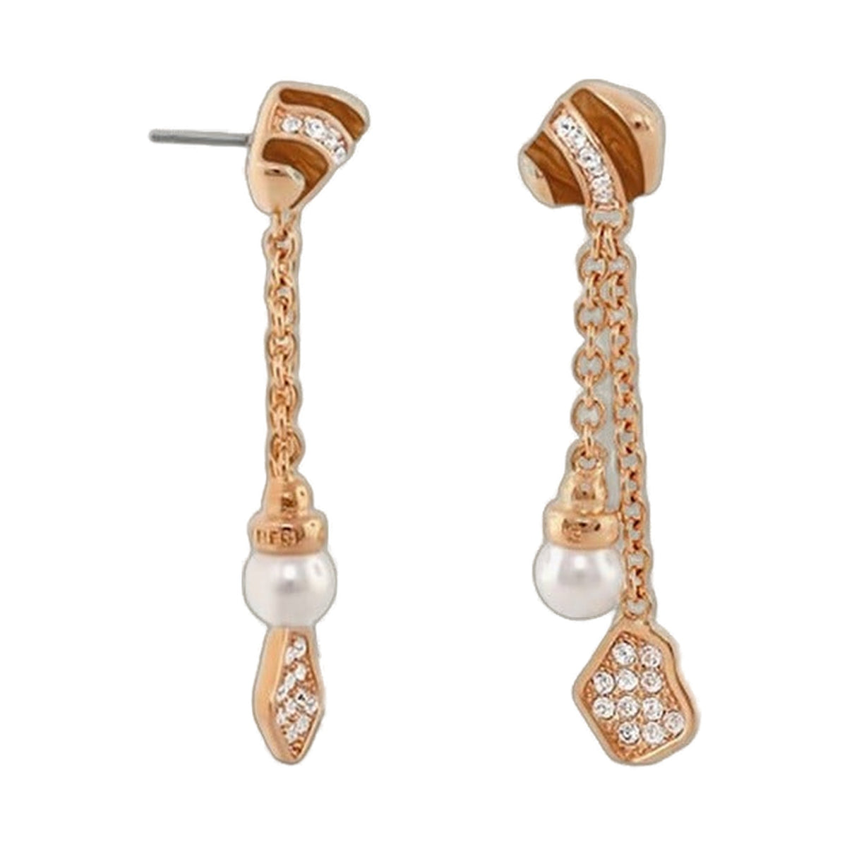 Moon Dust Earrings by Lauren G Adams, rose-gold crystal-dusted drop earrings with pearl bead ends, pair on Tampa Home & Garden Store