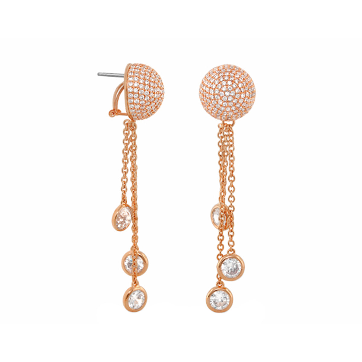 Shimmer and Glimmer Earrings pair rose gold pavé ball studs with crystal drops on Tampa Home & Garden Store